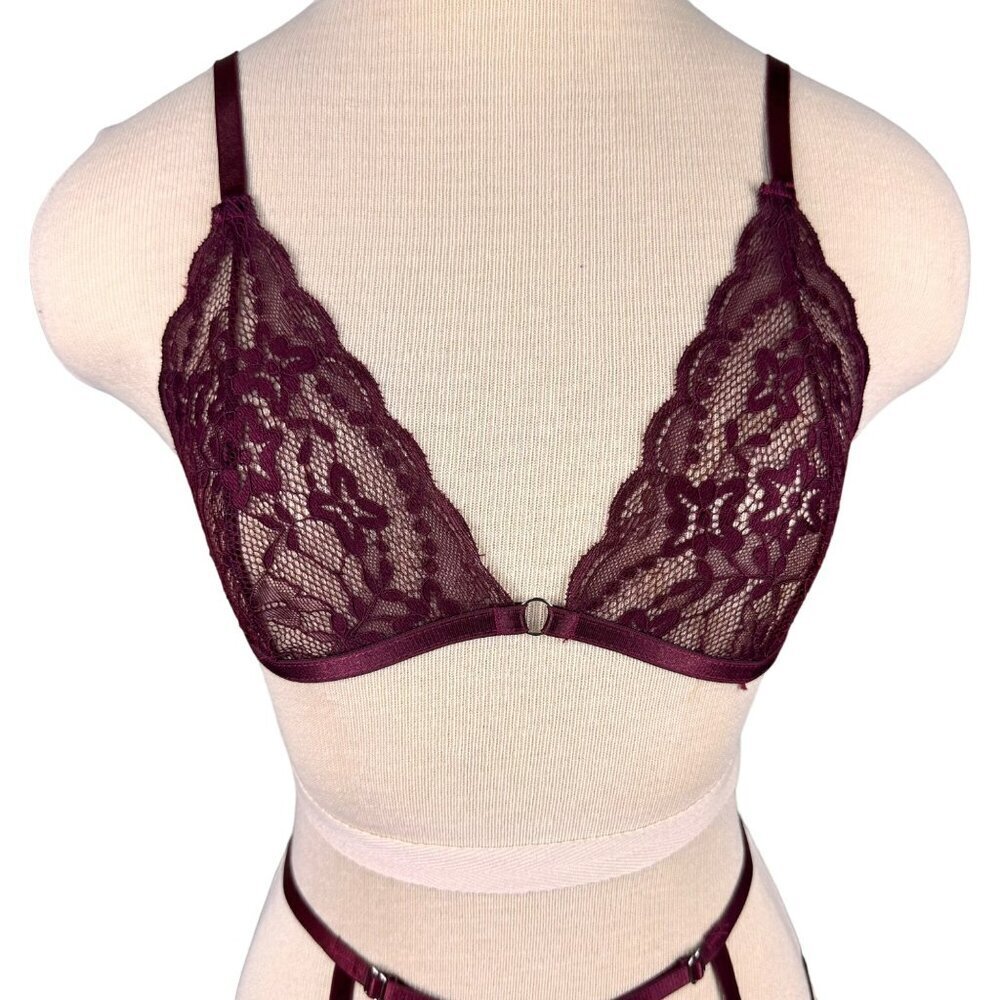 Oh La La Cherri Sexy Burgundy Lace Bralette,Panty & Garter Belt 3 Piece Lingerie - Picture 3 of 13